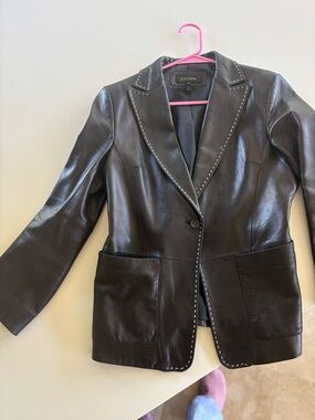 Escada Black Leather Blazer with Contrast Stitching